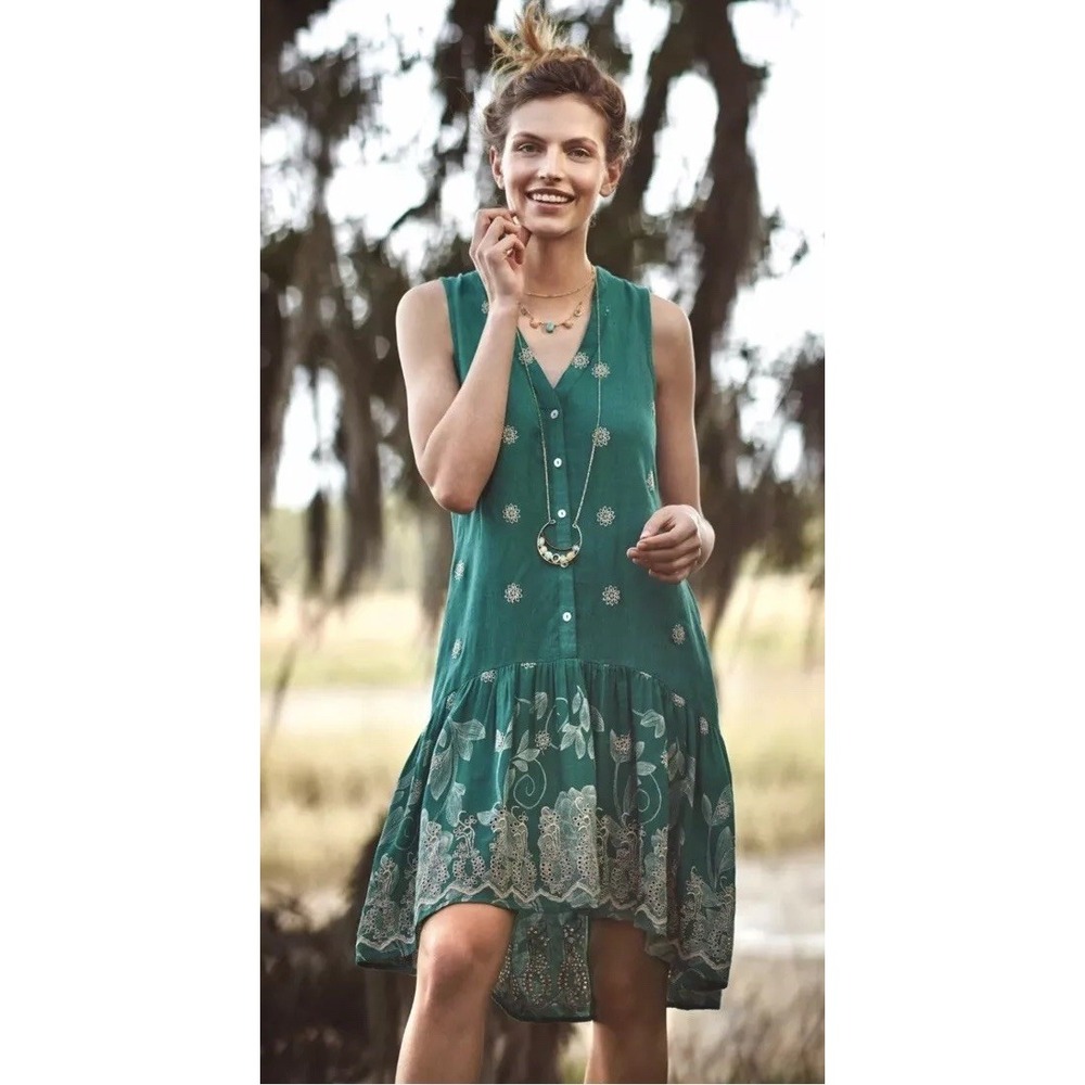 Anthropologie Maeve Pippa Dress XS Green Linen Embroidered Eyelet Swing NEW